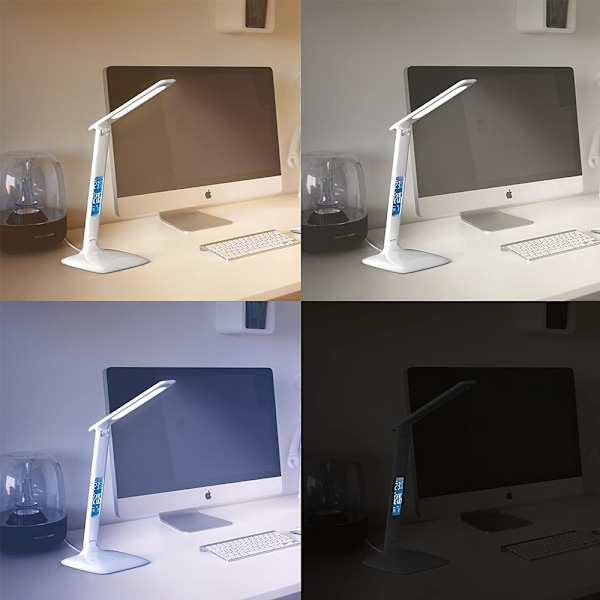 LED-bordslampa med trådlös laddare, USB laddningsport, justerbar hopfällbar bordslampa med klocka, larm, datum, temperatur, 5-nivåer dimbar