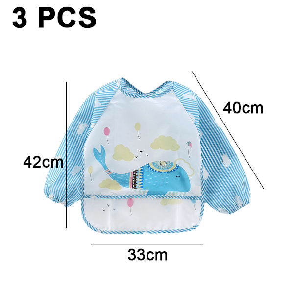 3-pack Baby Långärmad Vattentät Babysallad Fullt Täckande Förkläde Smock Småbarnssallad med Fickor