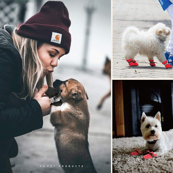 4 stycken hundskor, hundstövlar tasskydd med reflekterande remmar, halkfria hundstövlar för små medelstora hundar (röd)