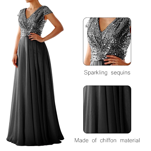 Kvindesexy Kortærmet V-hals Sequins Chiffon Patchwork A-linje Højtaljet Kjole Aften Formel Fest
