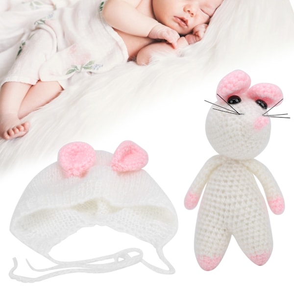 Infant Costume Knitted Sets Baby Photo Shoot Outfits Newborn Baby Mouse Hat with Mouse DollWhite