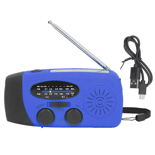 Håndsveiv Solradio Multifunksjonell Nødradio LED Radio med Lommelykt for Utendørs Camping Blå Amerika