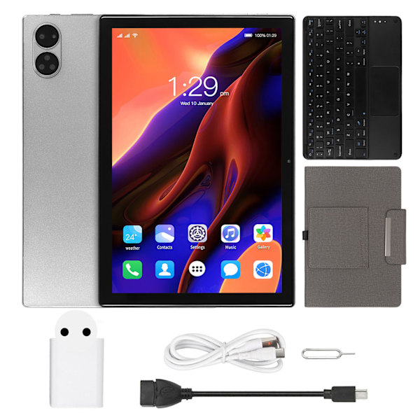 2-i-1 10,1 Tums surfplatta för Android 12 8-kärnig CPU 8 GB 256 GB 5G WiFi 4G samtalstablett med tangentbordsfodral 100‑240V Grå EU-kontakt