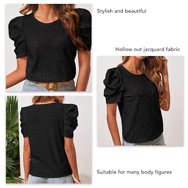 Dam T-shirt med Rund Hals, Korta Puffärmar, Ihåligt Jacquard, Enfärgad, Lös Passform, Sommar, Svart, XL