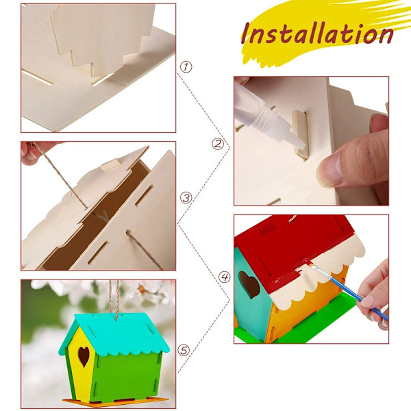 Hantverk för barn i åldrarna 4-8 - Pack DIY fågelhus-kit - Bygg och måla fågelholk (inkluderar färger och penslar) Träkonst för flickor pojkar småbarn i åldrarna