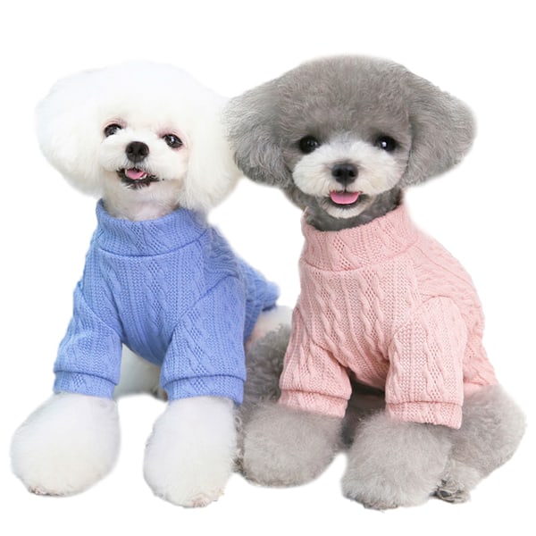 2 stk. Hundetrøje, Koldvejr Kabelstrikket, Klassisk Høj Hals Tyk Varmt Tøj (Lyseblå+Pink)