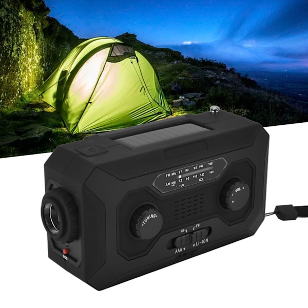 Håndsvinget Nødvejrradio AM/FM Skift Batteriindikator Lommelygte Solenergi Powerbank til Udendørs Camping Sort EU-version