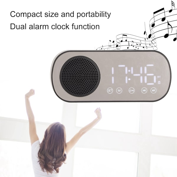 Radioväckarklocka med Dubbla Alarm, Bärbar Digital Väckarklocka med Bluetooth-Högtalare för Läsning, Matlagning, Ridning