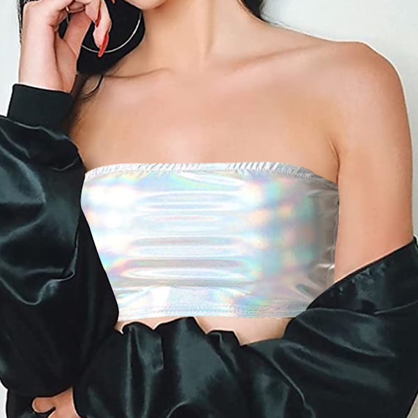 Kvindes Skinnende Stropløs Crop Tube Top Scene Kostume Indpakket Bryst Patentlæder Ensfarvet Tube Top Undertrøje Performance Suit