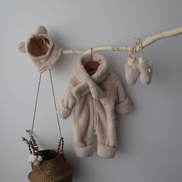Babys vinterforstærket pelset onesie Varmt wrap fod lang krybende dragt (Abrikos)