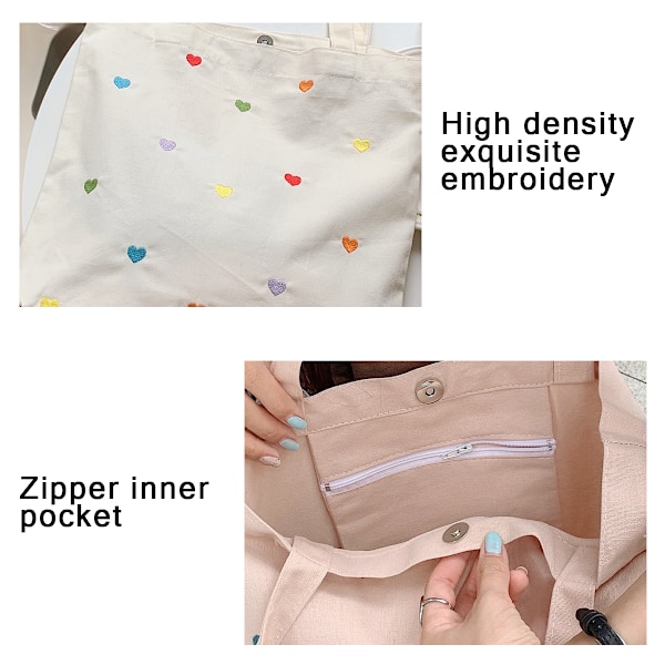 Hjertetrykk Casual Canvas Tote Håndveske Kvinner Stor Kapasitet Håndveske Skulderveske med Lommer Gjenbrukbar Matvare Canvas Tote Vesker