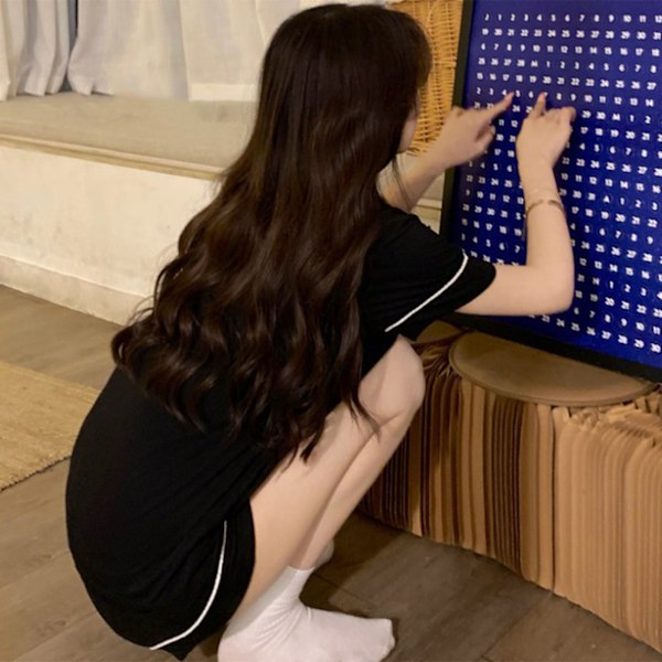 Dam Pyjamas Set Tvådelad Nattkläder Knappar Kortärmad Lounge Nattkläder för Sommar Svart L
