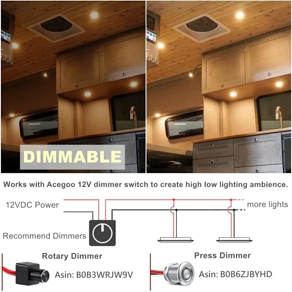 Infälld spotlight, LED, 12V, Extra platt, Svart, Dimbar, Hål 57-65mm, 2.5W, 3000K, 215LM, Vattentät IP64, Infälld takbelysning, för husbil, båt