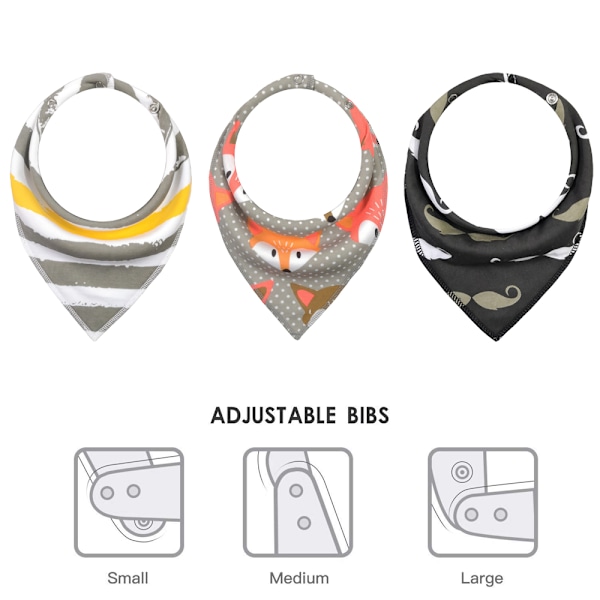 3-pack Baby Bandana-haklappar för pojkar och flickor med justerbara tryckknappar, ekologisk bomull, mjuk och absorberande