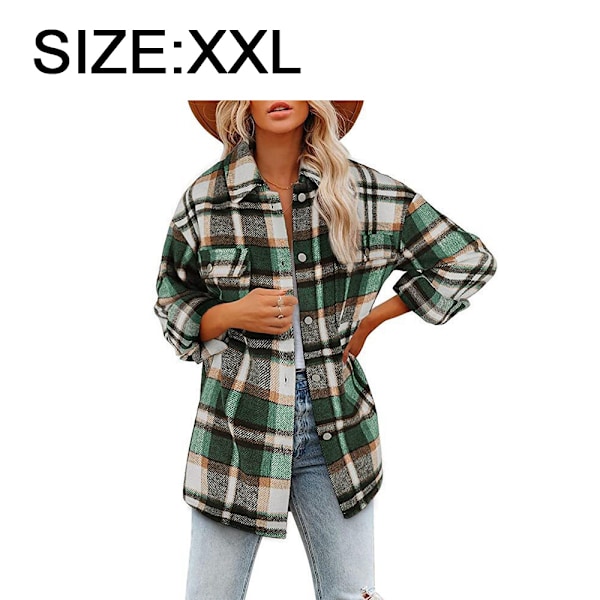 Dame Casual Plaid Shackets Børstet Flannel Knappet Ned Lomme Skjortejakke Frakker (grøn)