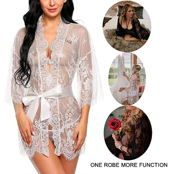 Dame Lingeri Blonder Kimono Sexy Kjole Brede Ærmer Sexy Lingeri Sæt Negligee Underwear Outfit Transparent Cover Up Dressing Gown med Satin Bælte