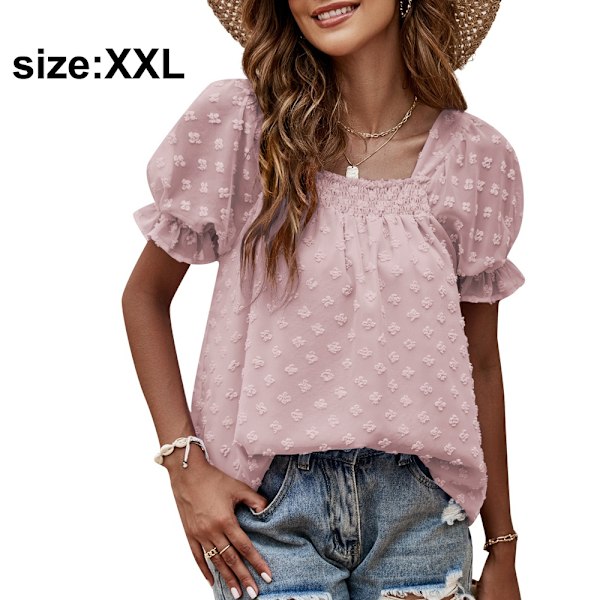 Kortærmede Skjorter Sommer Casual T-shirts Sommer Dame Kvadratisk Hals Chiffon Jacquard Swee（pink）