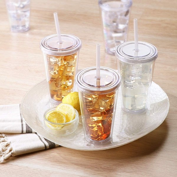 Dubbelväggig Tumlare med Sugrör, Plasttumlare, Återanvändbara Iskaffe Tumlare, Transparenta Tumlare