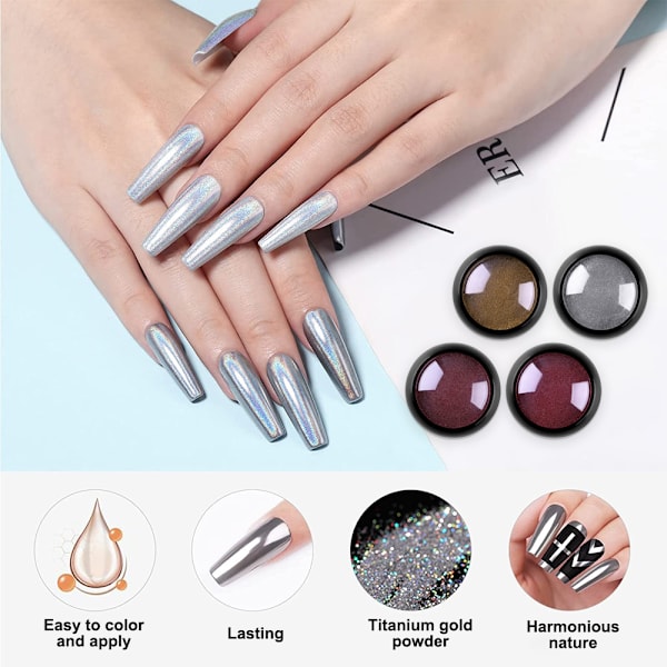 Nagelpulver metall spegel mjöl holografiskt pigmentpulver nagelkonst dekorationssats 4 lådor