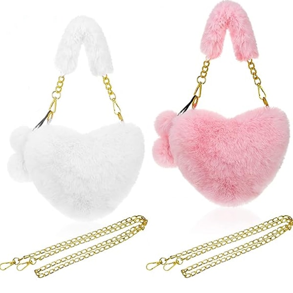 2 stk. Valentinsdag Pelsveske Myk Fluffy Hjerte Håndvesker for Kvinner Jenter Valentinsdag Søt Gave