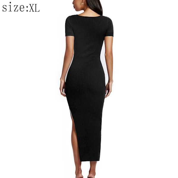 Kvindesort Side Split Dyb V-hals Bodycon Maxi Kjole Split Kort Ærme Aftenfest Lange Kjoler