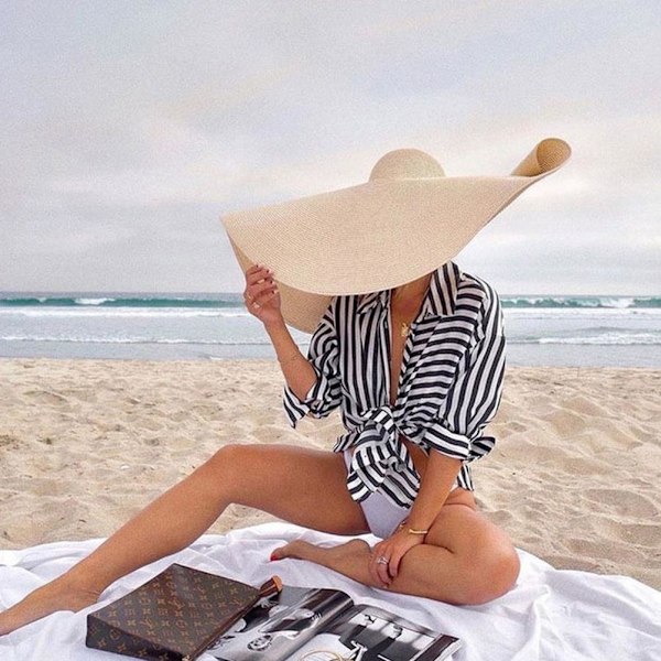 Oversized Strandhatt for Kvinner, Floppy Strandhatt i Halm, Bredbremmet Strandhatt for Kvinner, Pakkbar Strandhatt med Solbeskyttelse