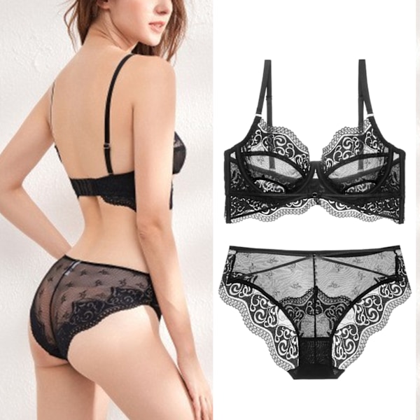 Dam Spetsunderkläder Set Lady Fashionable Mjuk Andningsbar BH Trosset för Hem Sovrum Underkläder Fest Svart 80C