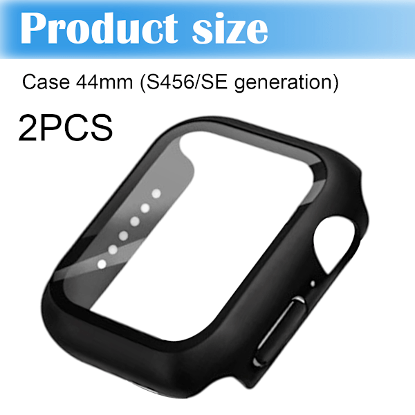 2 kpl Suojakotelo sisäänrakennetulla näytönsuojalla Apple Watch 44 mm -kokoon – Täyspeittävä suoja karkaistulla lasilla, helppo asennus (musta)