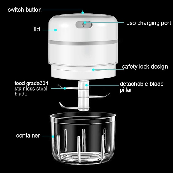 Elektrisk mini vitlökshackare, mini matberedare Trådlös lökhackare Kraftfull uppladdningsbar USB vitlökspress med två blad, vitlök