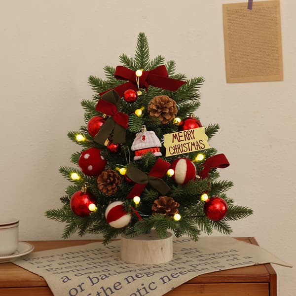 Small Illuminated Christmas Trees Luxurious Artificial Pine Decorated with Pine Cones, Glittering Baubles