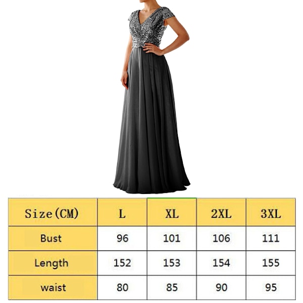 Kvindesexy Kortærmet V-hals Sequins Chiffon Patchwork A-linje Højtaljet Kjole Aften Formel Fest