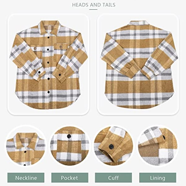 Dame Casual Plaid Shackets Børstet Flannel Knappet Ned Lomme Skjortejakke Frakker (gul)