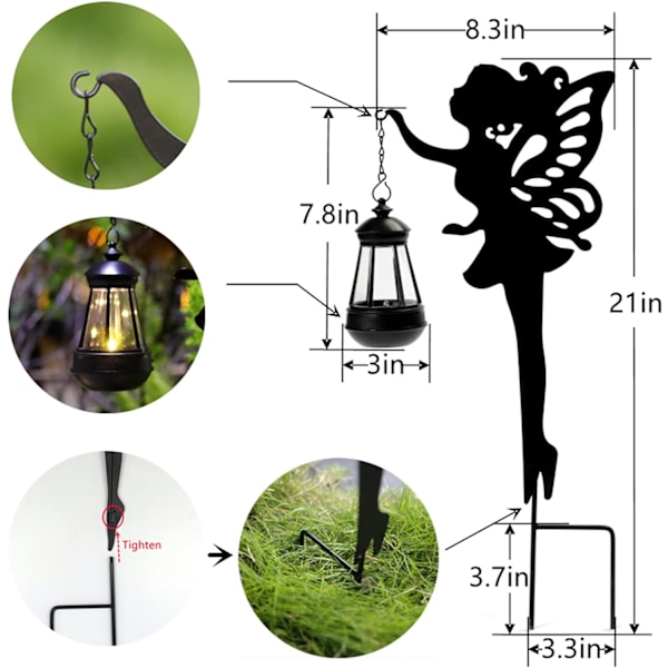 Solar Garden Stake Lights – 2-pack Metal Fairy Hängande lykta Solar Utomhus Trädgårdsdekoration Silhuett Ljus Stake Trädgård Dekorativ Stake
