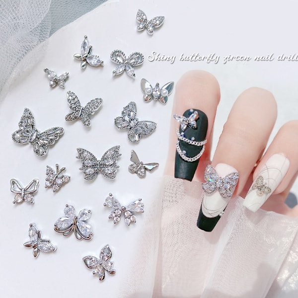 3D Silver Fjärils Nagelcharm, 12 st Legering Fjäril Nagelkonst Charm Glittrande Zirkon Nagelstenar Kristall för Naglar Dekoration Nagelkonst Nageltillbehör