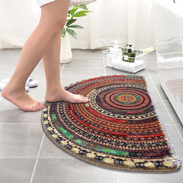 Halvrund dörrmatta, Halvcirkel badrumsgolvmatta, Mandala Boho Bohemian Non-Slip Välkommen Entré Way Absorberande badmatta, Mikrofibertuftad inomhus
