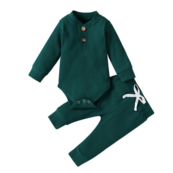 Nyfødt Baby Ribbet Strikket Bomuld Langærmet Romper Lange Bukser Ensfarvet Outfit (grøn)