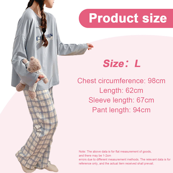 1 set Dam Pyjamas Set, Rutiga Långärmad Nattkläder Mjuk Kontrast 2-delad Loungewear Set (L)