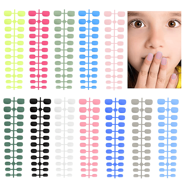 12 sæt Kids Short Matte falske negle, 12 farver Short Square Full Cover falske negle til piger