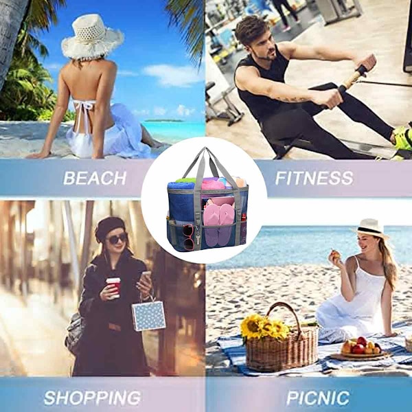 Stor Strandväska Poolväskor, Mesh Strandväska för Leksaker, Handduk, Flip Flops, Strandväska, 42*38*20cm