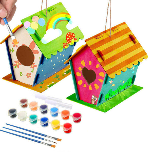 Hantverk för barn i åldrarna 4-8 - Pack DIY fågelhus-kit - Bygg och måla fågelholk (inkluderar färger och penslar) Träkonst för flickor pojkar småbarn i åldrarna