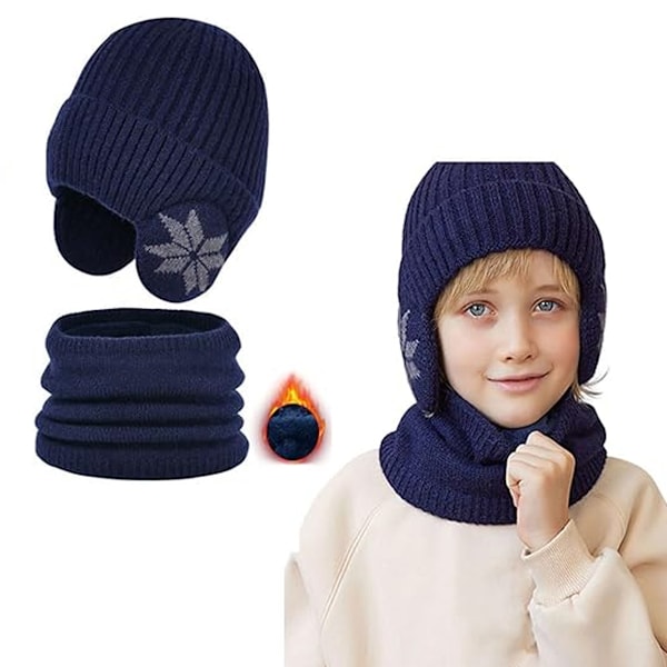 Barnens vinter fleece halsduk kostym, barn vinter vindtät och varm stickad mössa och halsduk, öron skyddande hatt