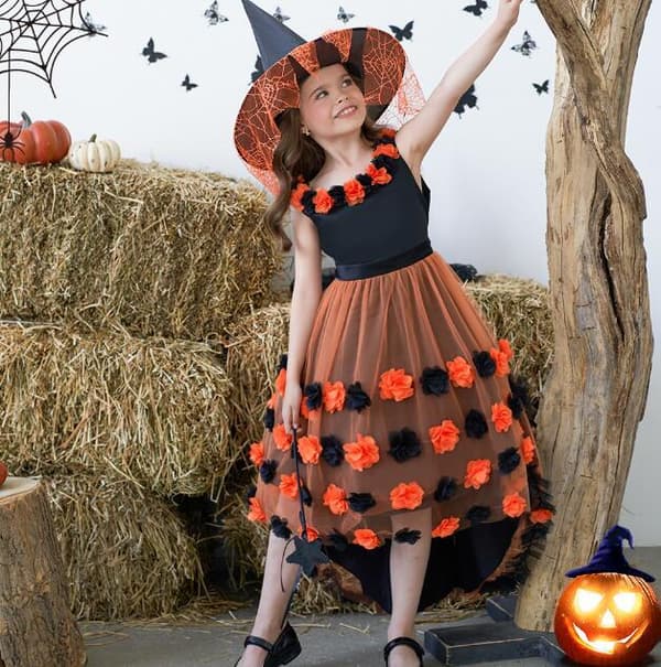 Flickas Blomsterkaka Mesh Släp-Kjol Orange Orange 140CM