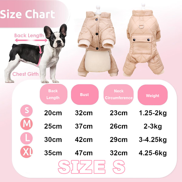 Hundjakke for vinter, varm heldekkende hundedress, vinterjakke for hund, vindtett hundeklær utendørs (brun)