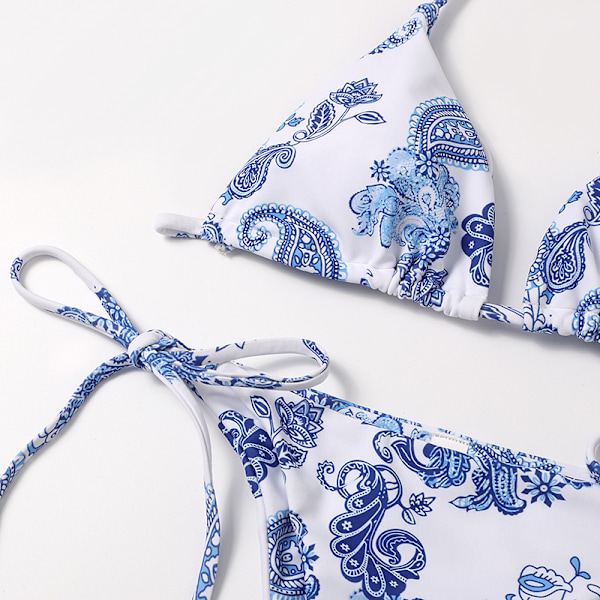 Bikini for kvinner, 2-delt, trykket, halter, knytt på siden, trekant