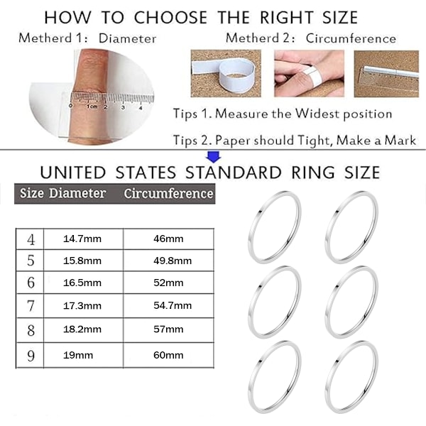 2 mm Titanring i Rostfritt Stål Smycken 6 st Knogringar för Kvinnor Band Stacking Ringar Storlek 4-9 Titan Rostfritt Stål i Guld/Ros