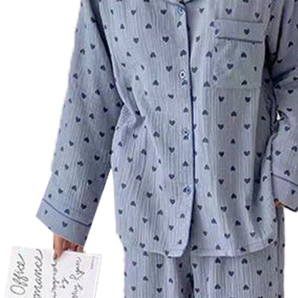 Dam Pyjamas Set med Knappar Långärmad Hjärtmönster Nedåtvänd Krage Lös Mjuk Dam Nattkläder för Vår Höst Hem Blå M