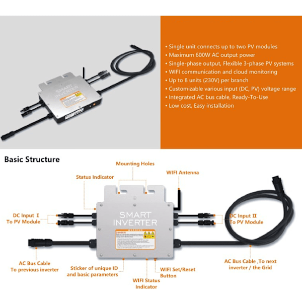 SG 600W Sinusformet Solinverter Aluminium Legering WiFi Solenergi Mikro Nettilsluttet Inverter til Strømproduktionssystem AC 120V 230V