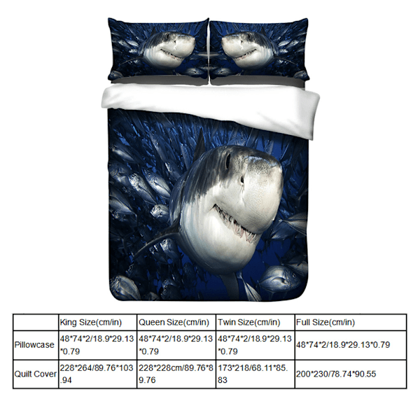 3-deligt mjukt täckeöverdragssats med hajmotiv i 3D, polyester, sängkläder (King Size)