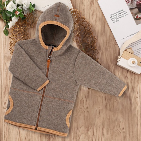 Efterårs- og vinterstyle fleece jakke til drenge og piger, baby fleece jakke med hætte (brun)