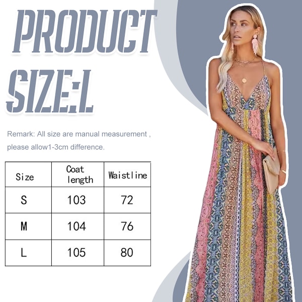 Sommarmaxi-klänning för kvinnor, boho-stil, fest, lång, semester, V-ringning, spaghettiband, bohemiskt tryck, blommig, strandklänning